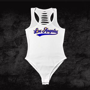 Womens Blue/Yellow/White Los Angeles Script Handmade Racerback Bodysuit Football